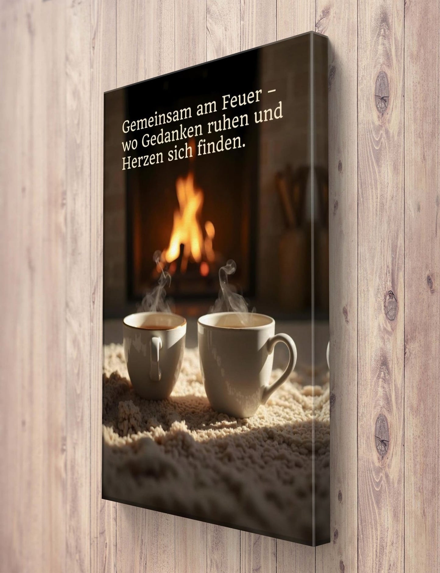 Kaminfeuer & Tee – romantisches Wandbild mit Spruch für ein warmes Zuhause