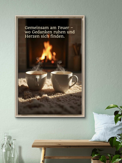 Kaminfeuer & Tee – romantisches Wandbild mit Spruch für ein warmes Zuhause