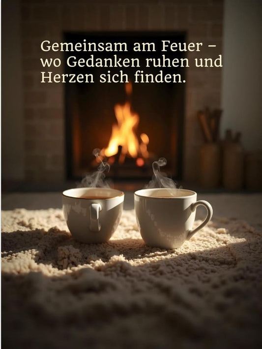 Kaminfeuer & Tee – romantisches Wandbild mit Spruch für ein warmes Zuhause